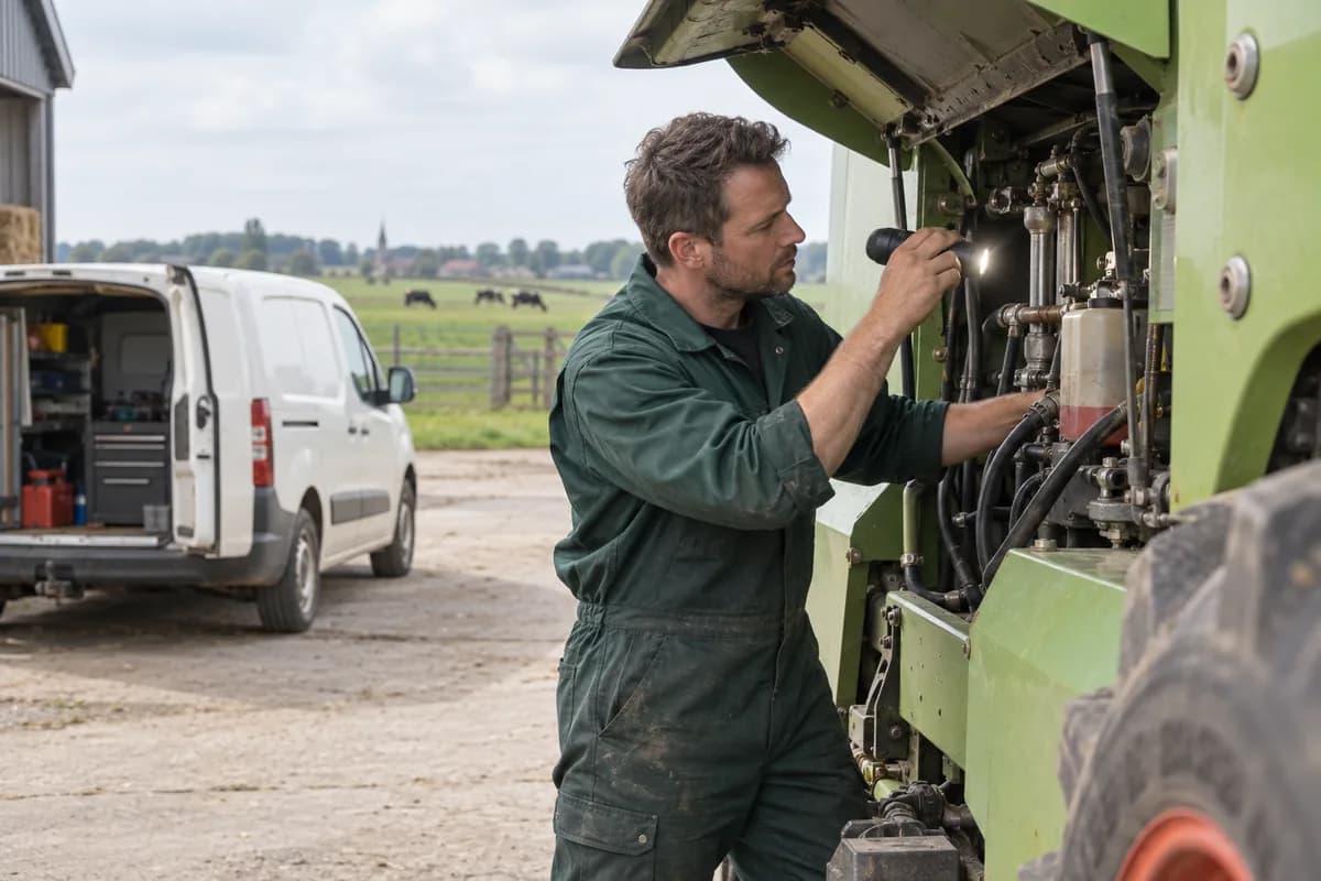 Een servicemonteur inspecteert een landbouwmachine op het erf, met een servicewagen dichtbij.