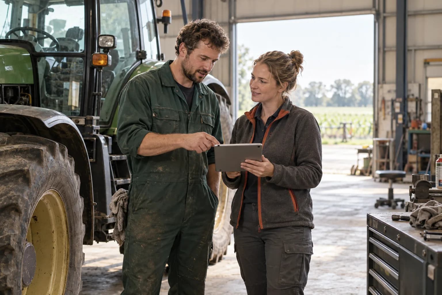 Twee medewerkers overleggen met een tablet naast een tractor in de werkplaats.