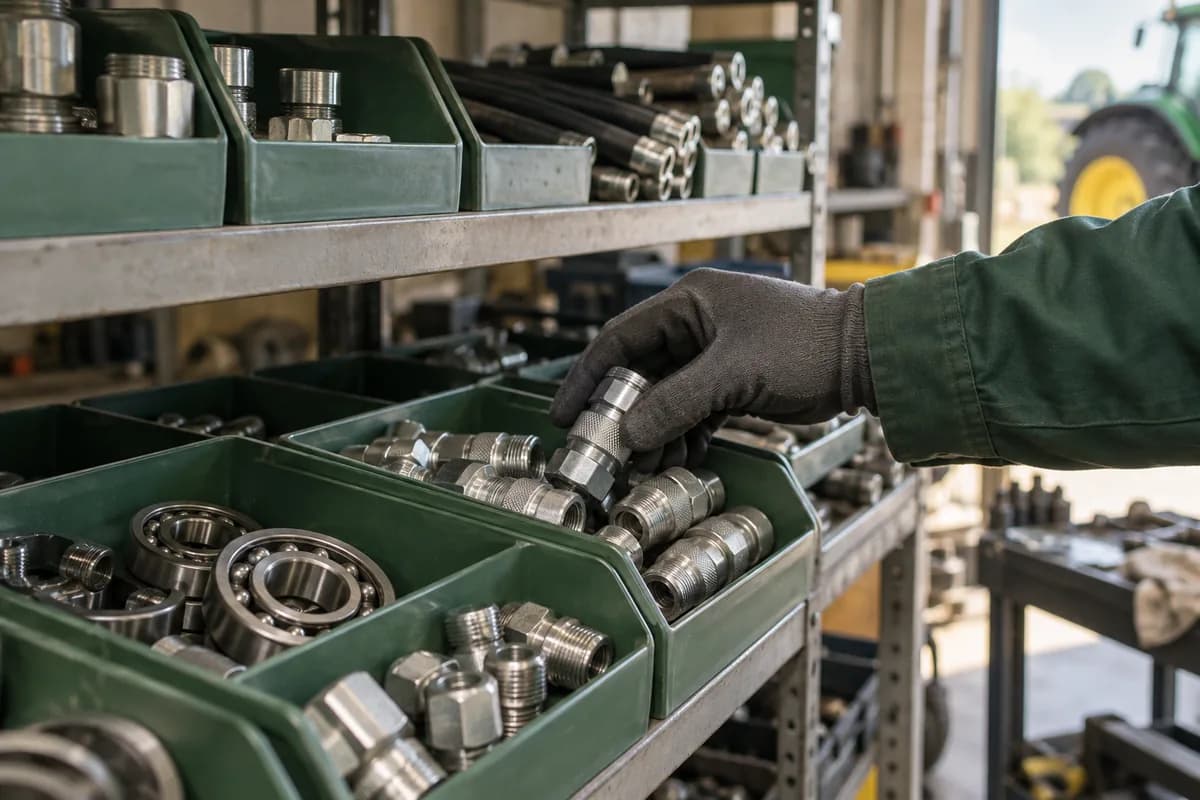 Een medewerker pakt een onderdeel uit overzichtelijke bakken in een magazijn.