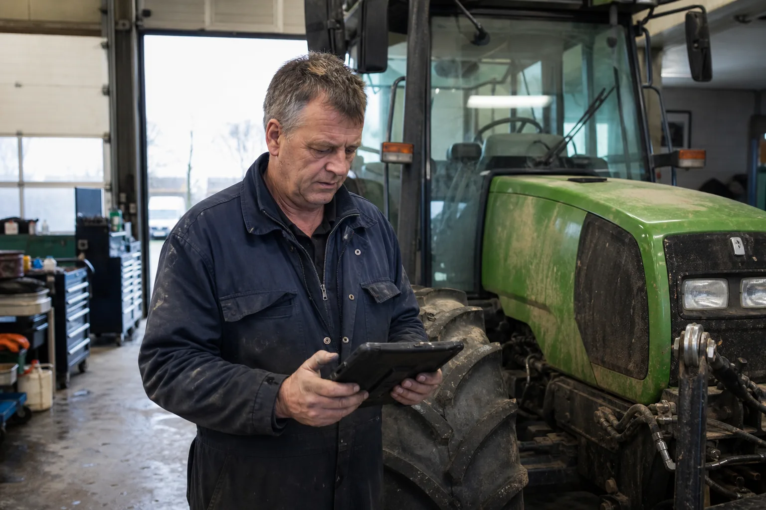 Een monteur neemt bij een tractor de werkzaamheden door op een tablet.